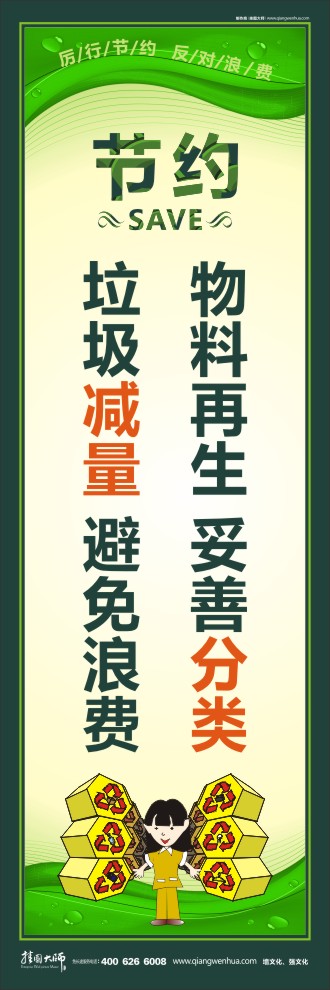 物料再生 妥善分類 垃圾減量 避免浪費(fèi) 關(guān)于節(jié)約能源的標(biāo)語