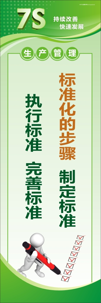 7s活動(dòng)標(biāo)語 標(biāo)準(zhǔn)化的步驟：制定標(biāo)準(zhǔn)、執(zhí)行標(biāo)準(zhǔn)、完善標(biāo)準(zhǔn)